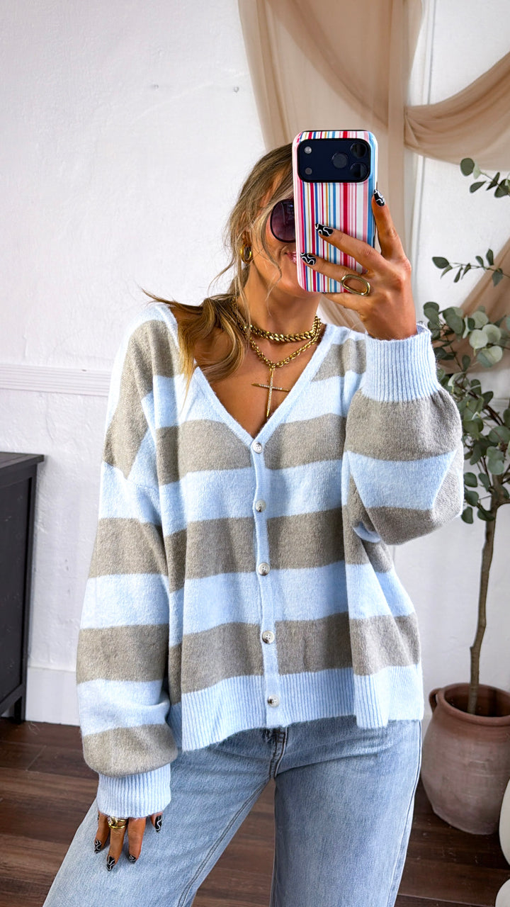 V-Neck Stripe Cardigan, Stone/Sky
