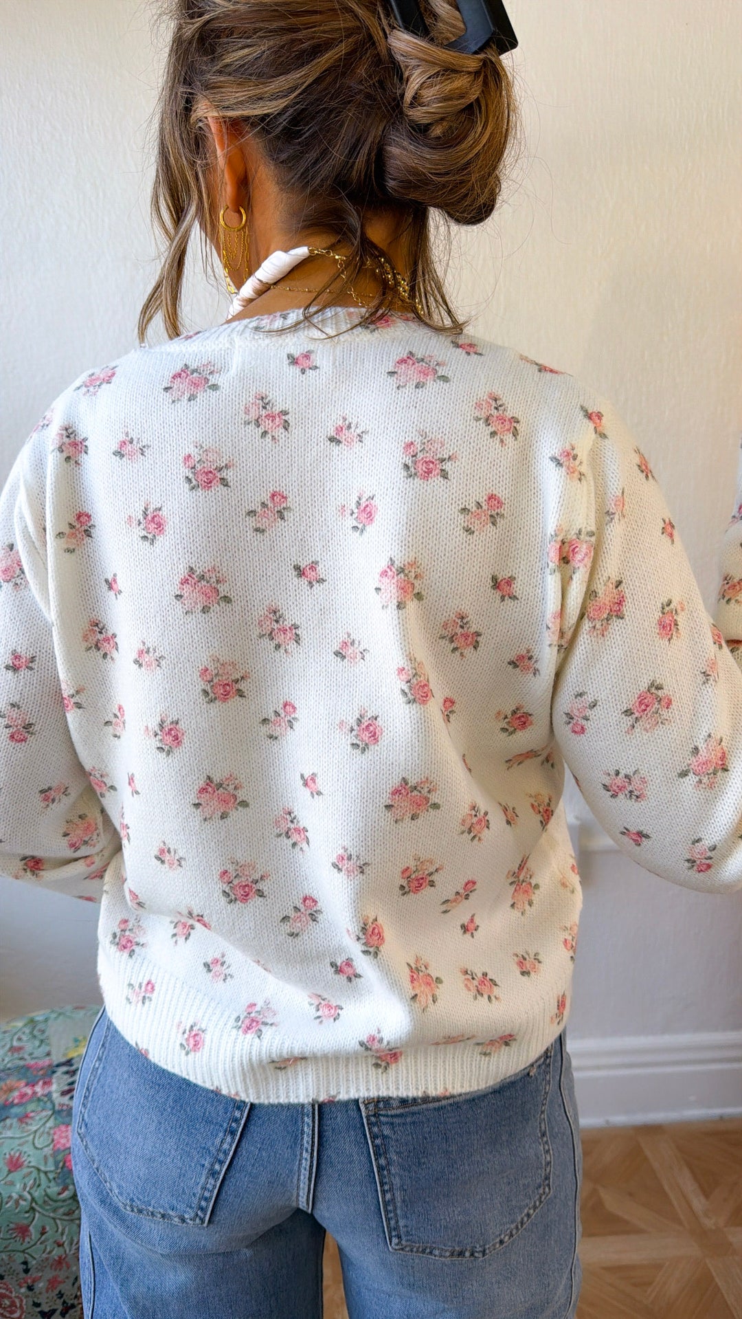 Rosebud Floral Sweater, Off White/ Pink