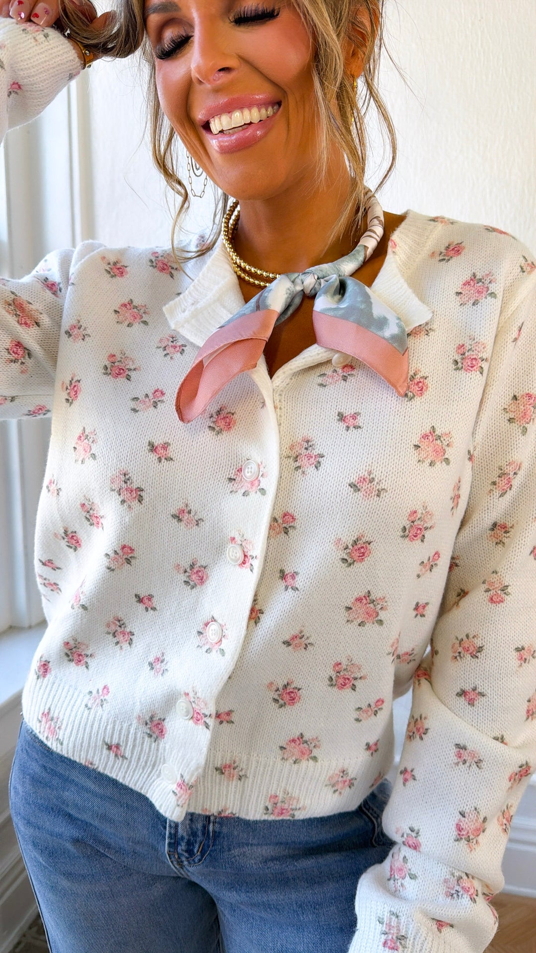 Rosebud Floral Sweater, Off White/ Pink