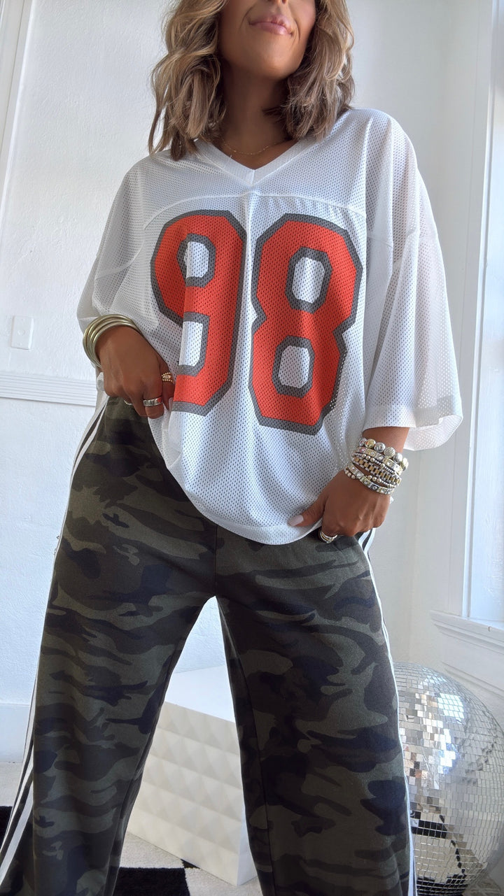 Bleacher Babe Jersey Top, White/ Orange