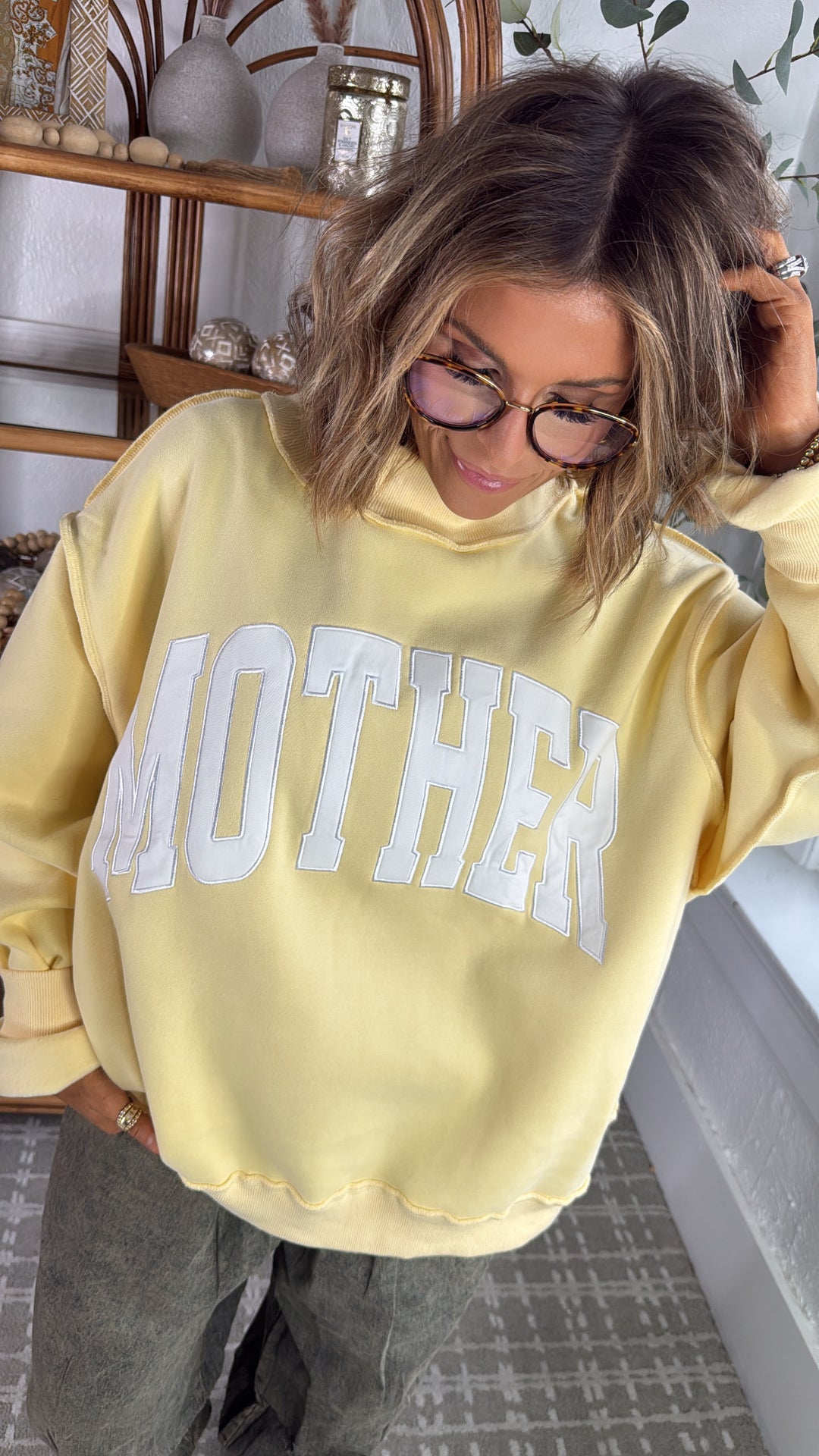 Mother Embroidered Mock Neck, Butter Yellow