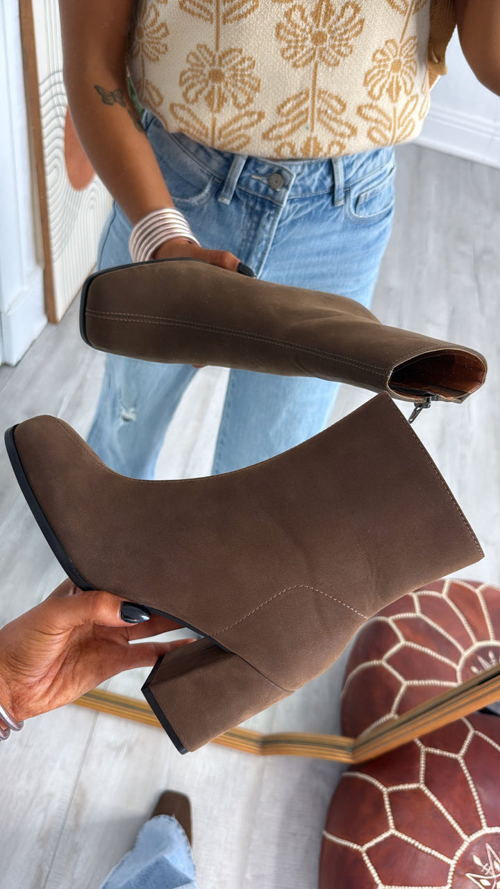 Lennox Square Toe Suede Block Bootie, Coffee