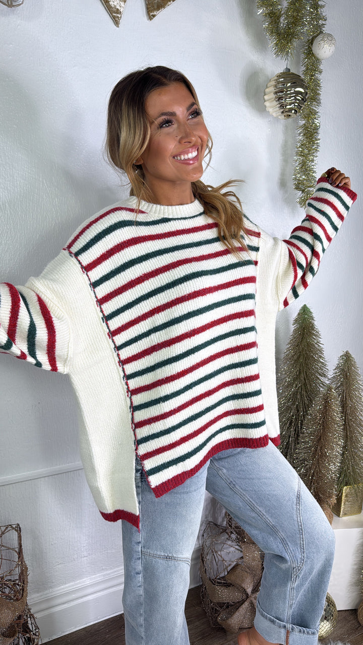 Tinsel Twist Sweater, Ivory/Red/Green