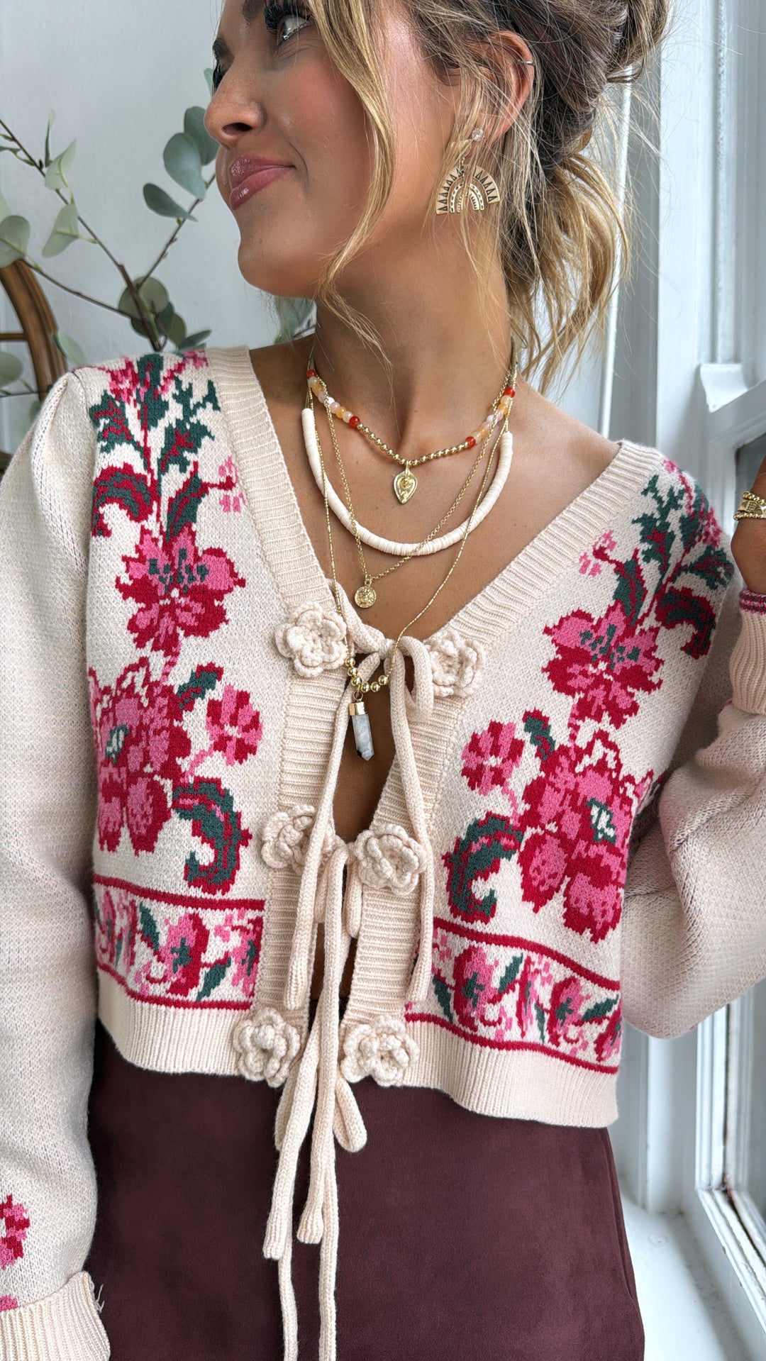 RoseAnn Knit Cardigan, Ivory/Red Floral