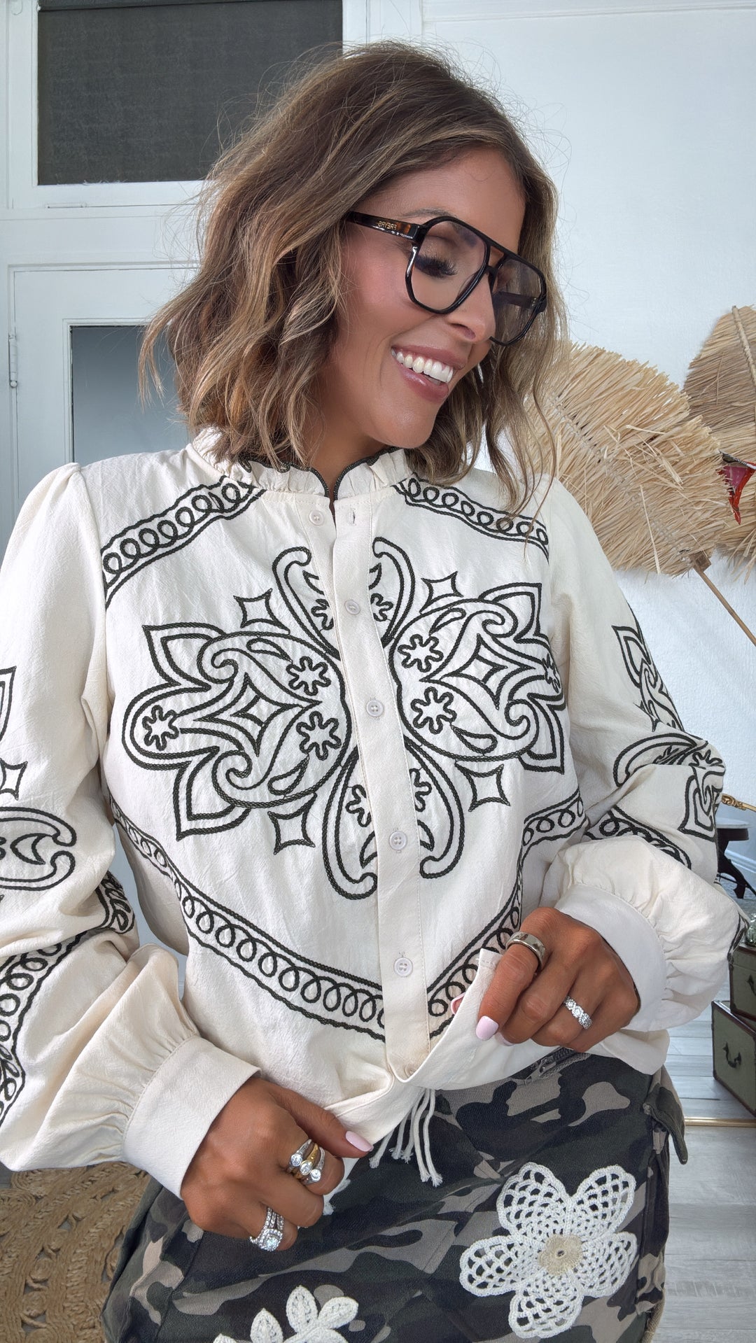 Sundance Ruffle Embroidered Button Up Top, Oatmilk