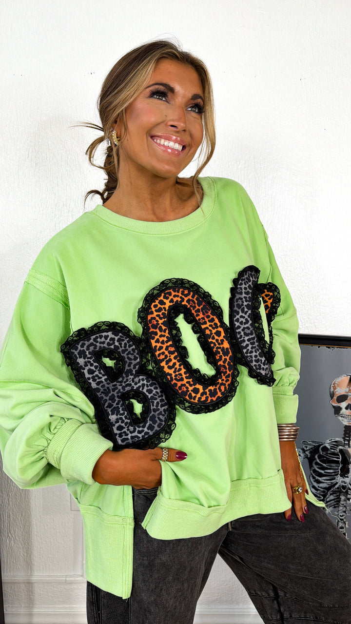 Leopard Boo & Lace Sweatshirt, Dk.Lime