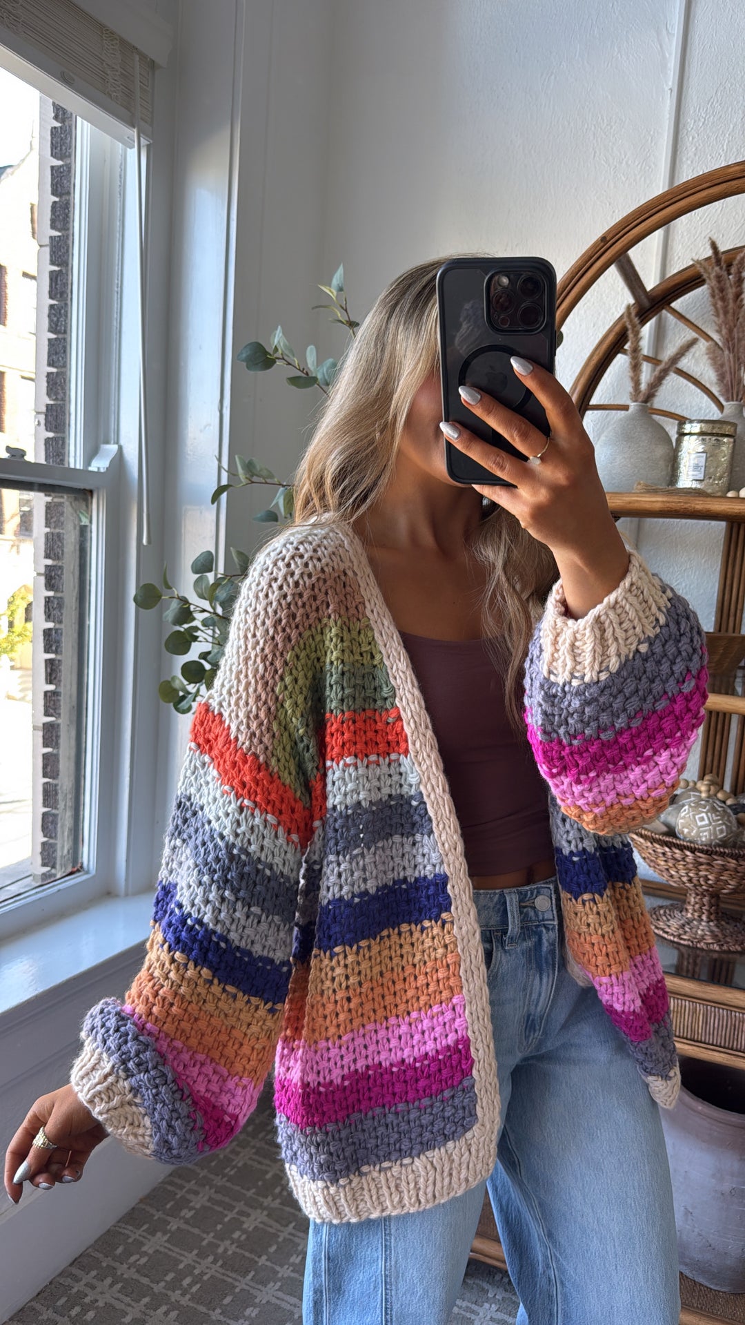 Hand Crochet Oversized Cardigan, Cream Multi