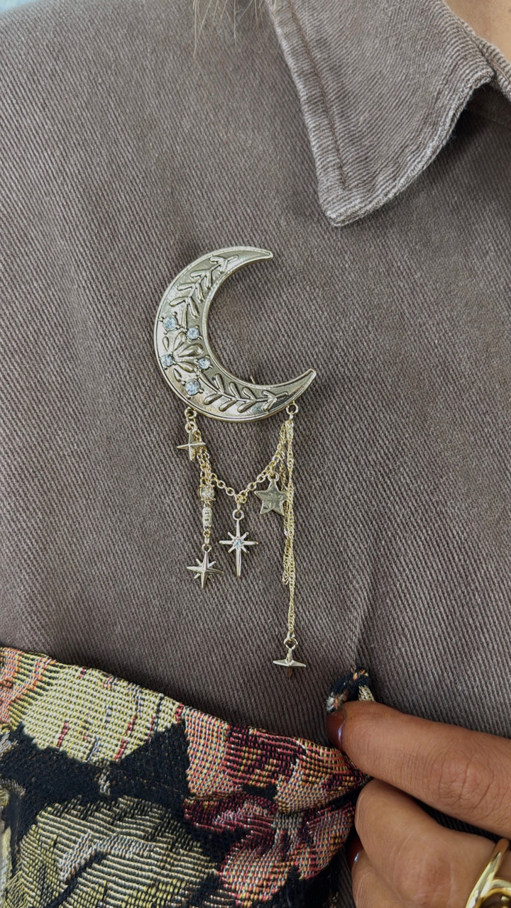 Crescent Moon Charm Brooch, Gold
