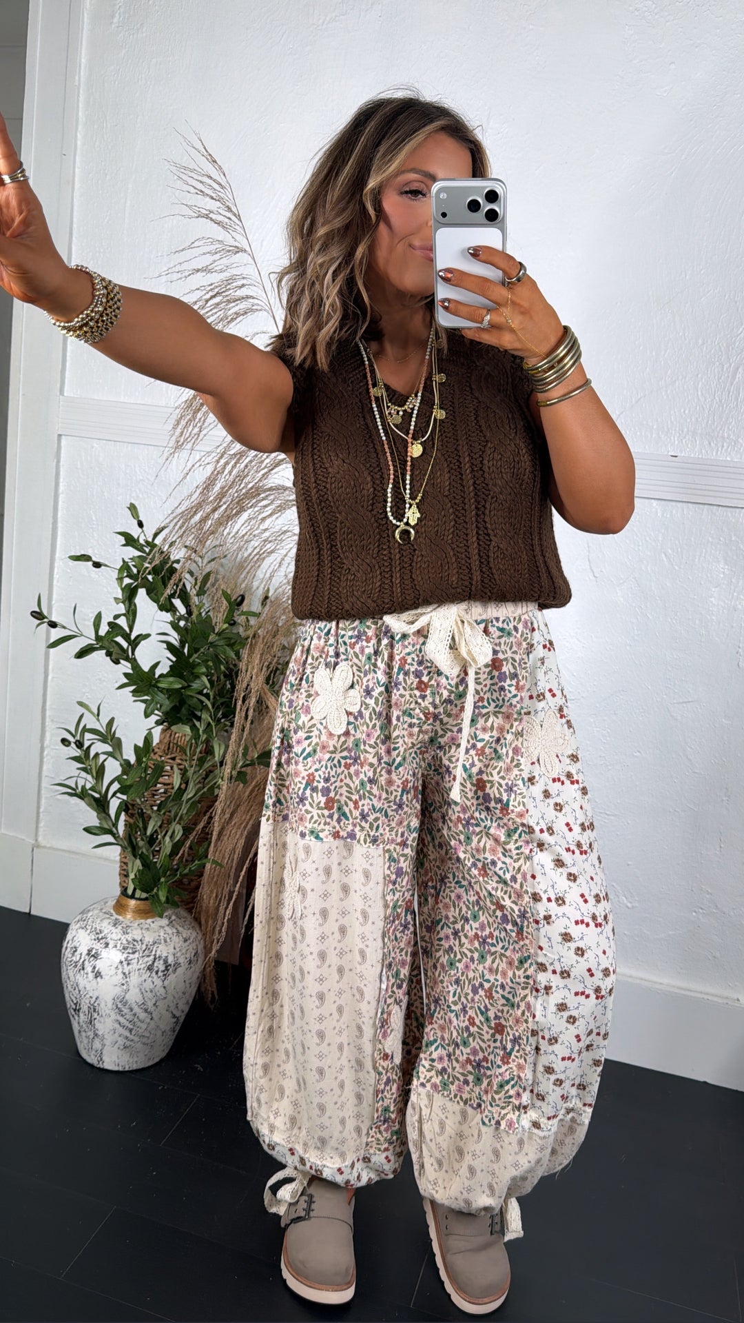 Petal Drape Jogger Pant, Cream Multi