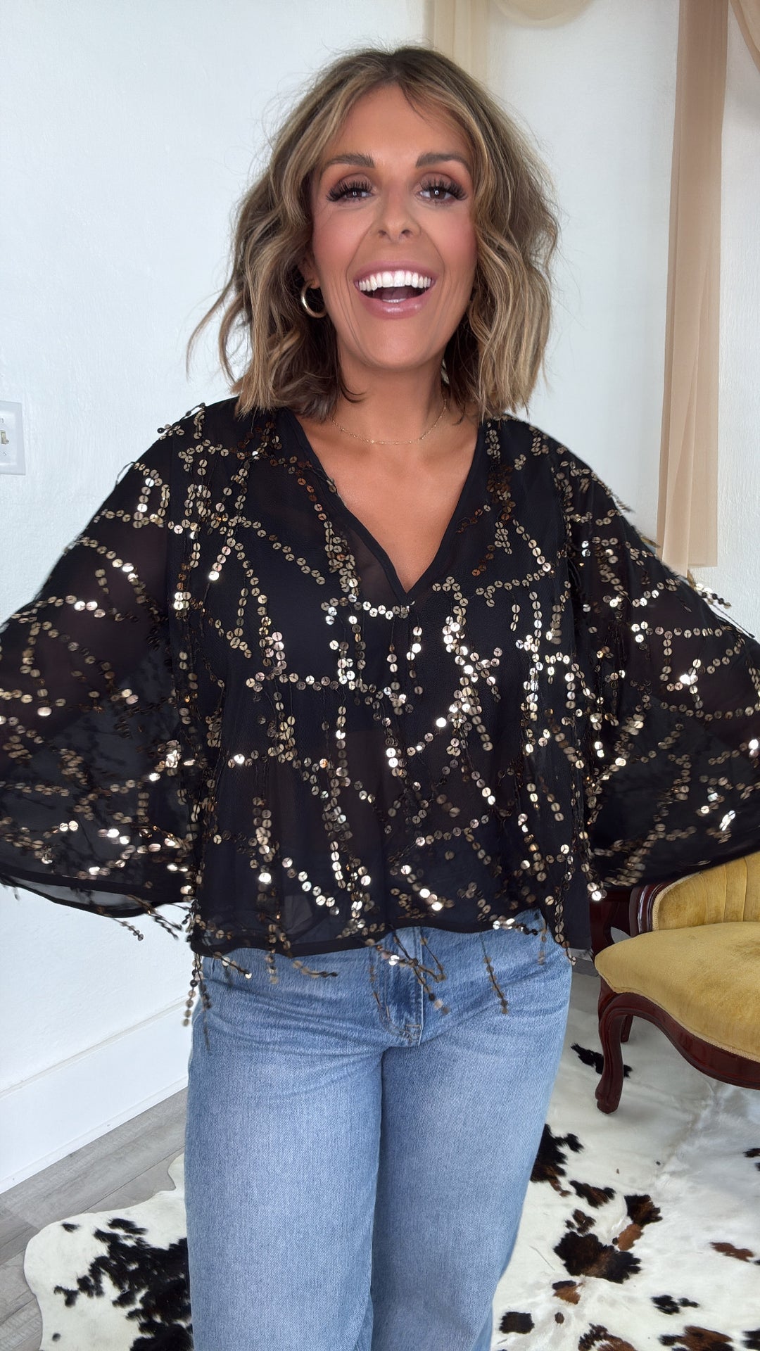 Glitz Sequin Mesh Top, Black