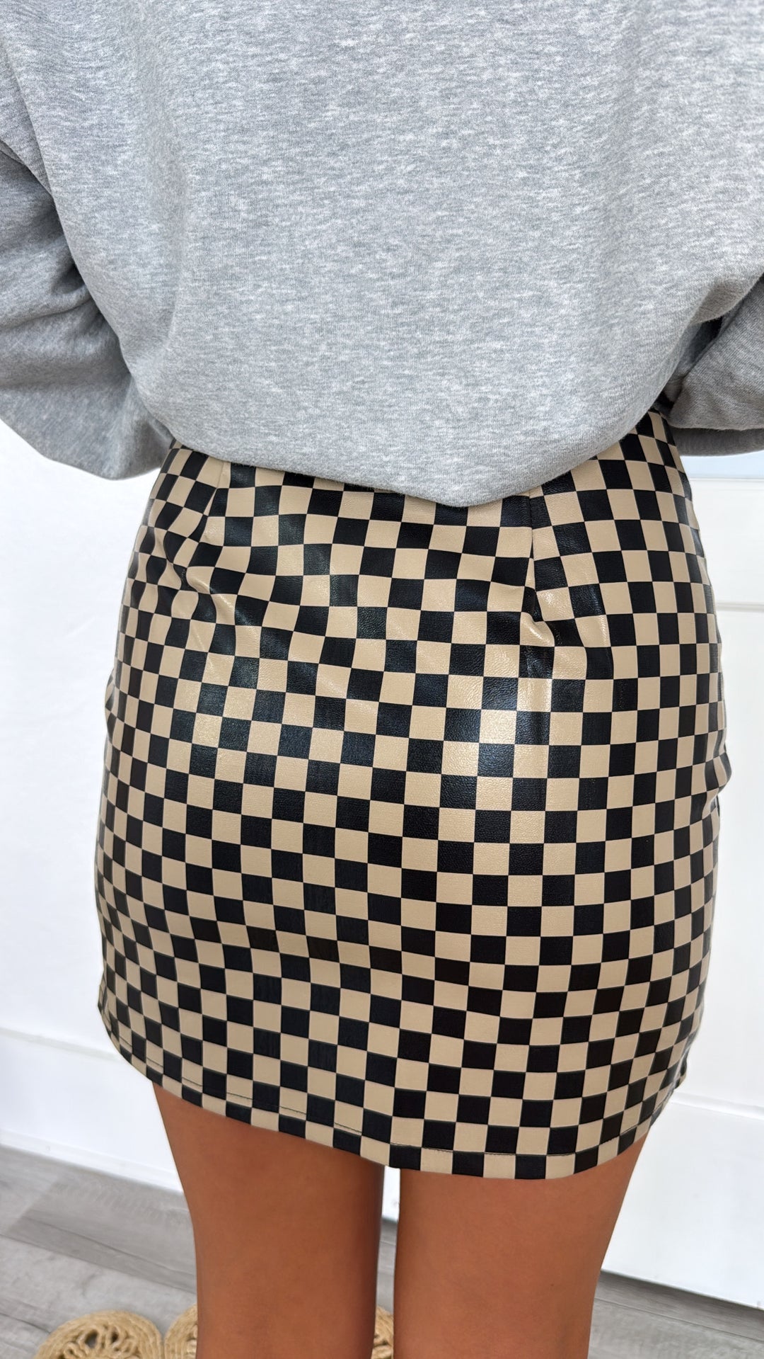 Check Faux Leather Mini Skirt, Black/Mocha