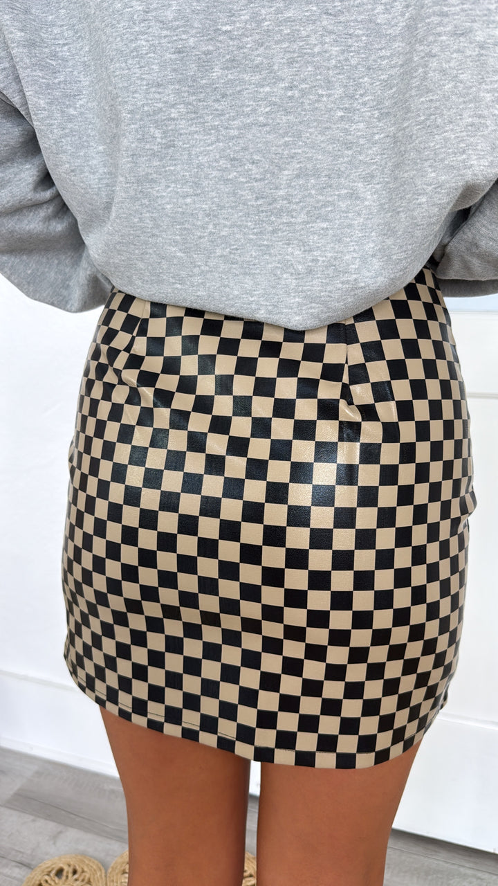 Check Faux Leather Mini Skirt, Black/Mocha