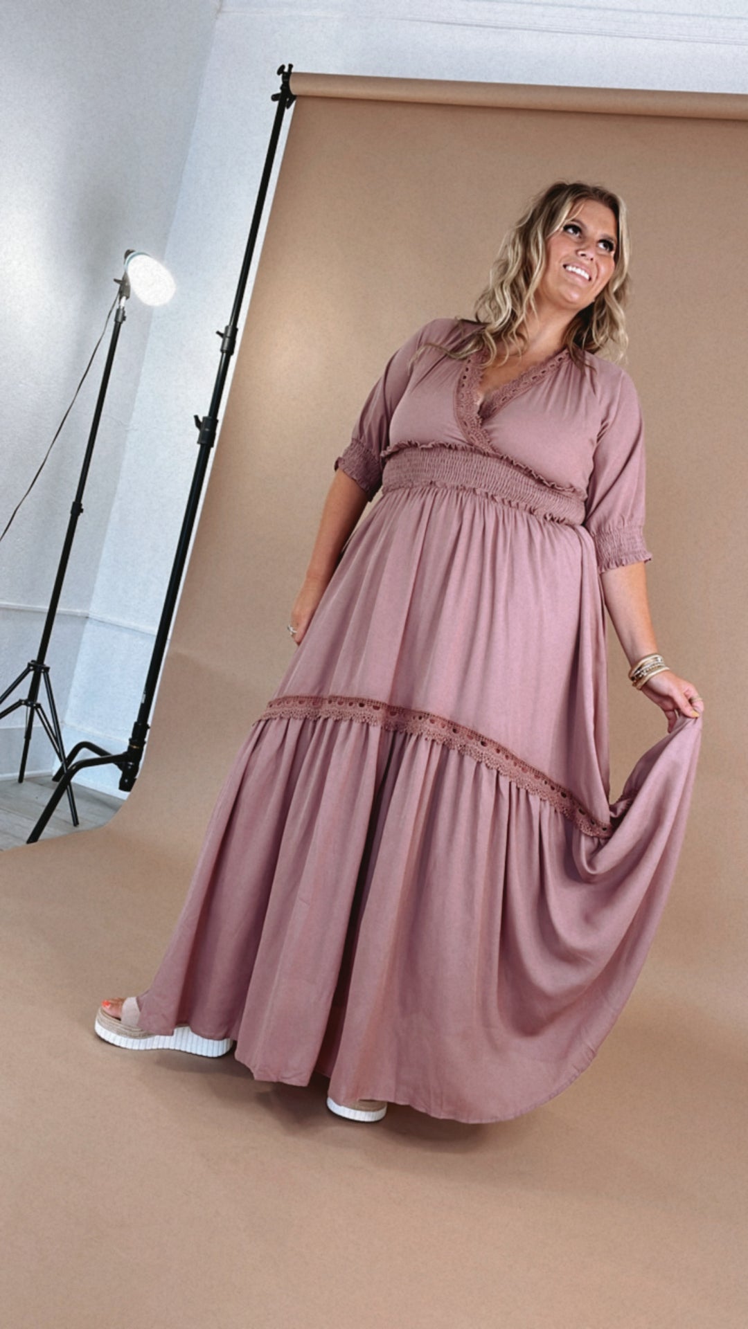 long sleeve maxi dress blush Dusty Pink Silk Satin Maxi Dress with Long Bishop Sleeves