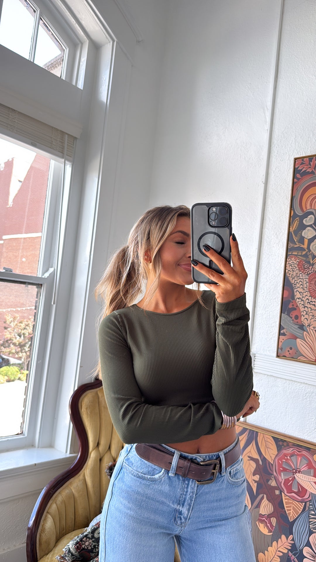 Ribbed Long Sleeve Crew Neck Top, Olive Green