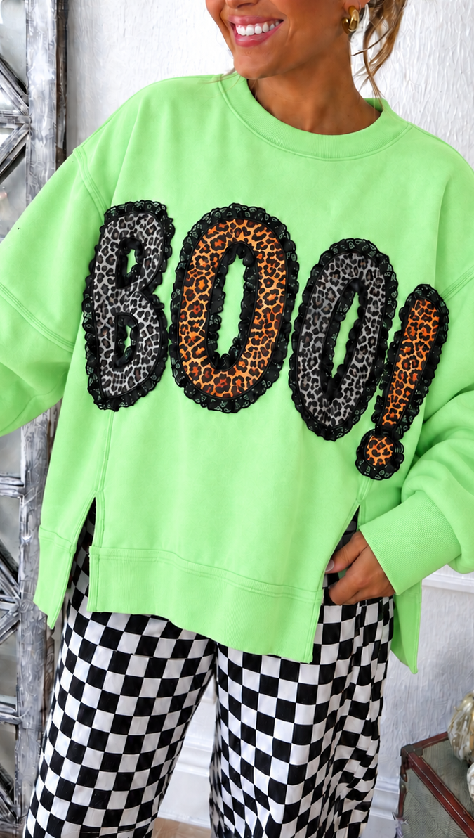 Leopard Boo & Lace Sweatshirt, Dk.Lime