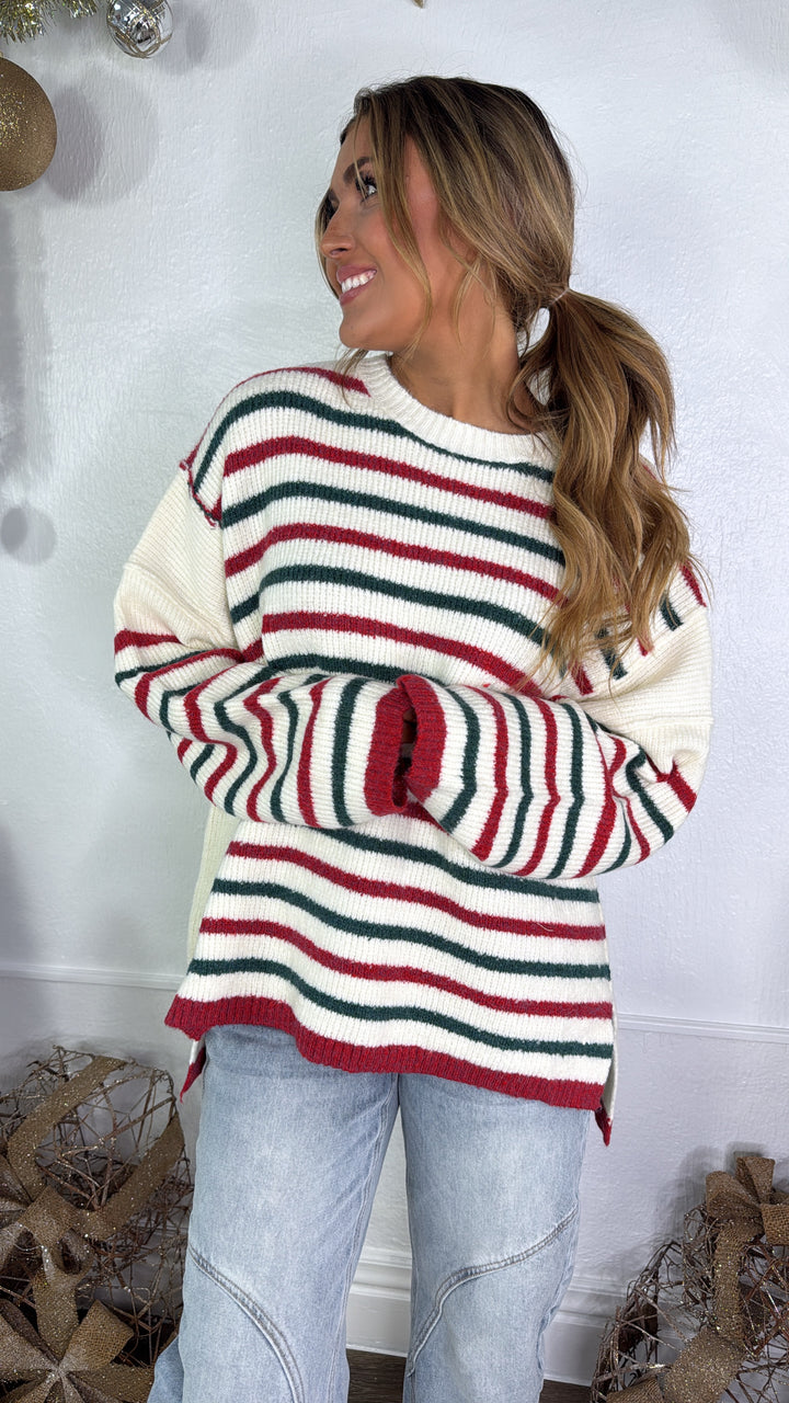 Tinsel Twist Sweater, Ivory/Red/Green