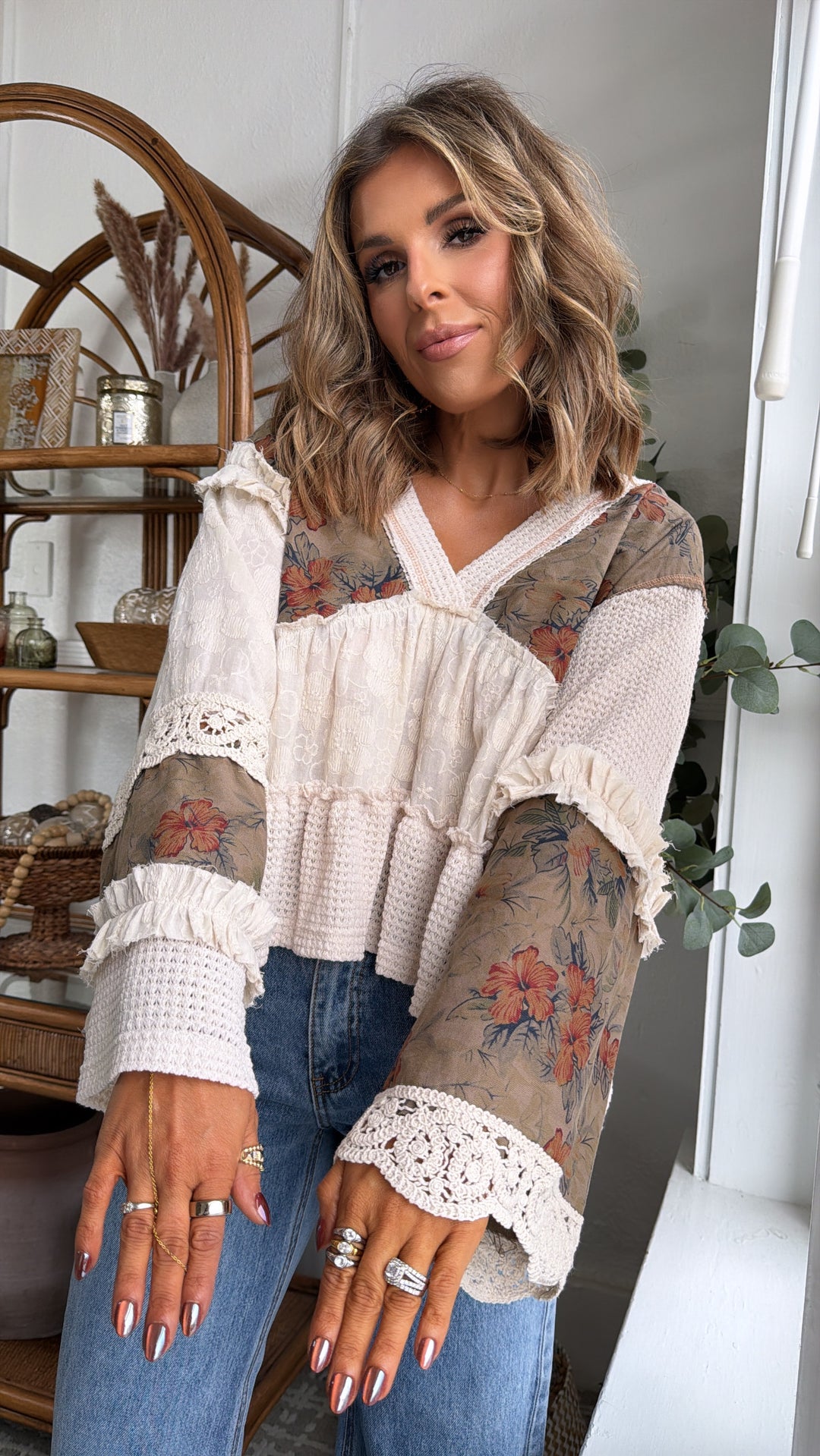 Hibiscus Blooms Patchwork Top, Cream Multi