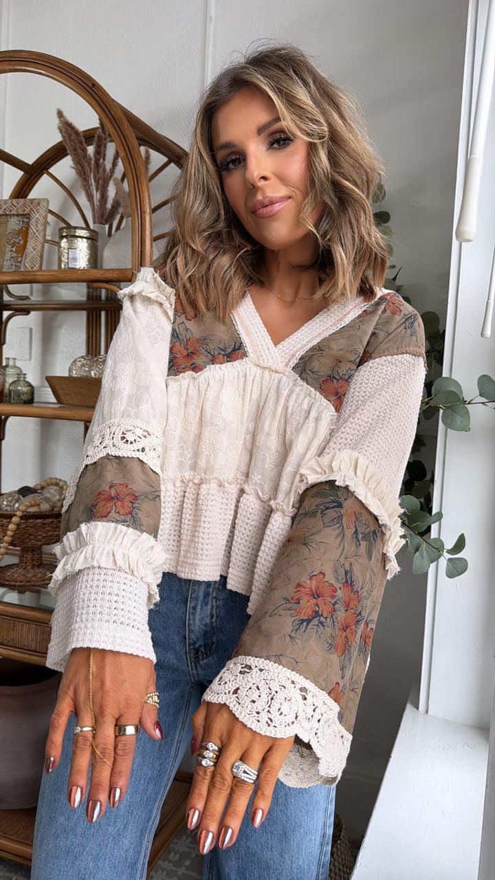 Hibiscus Blooms Patchwork Top, Cream Multi