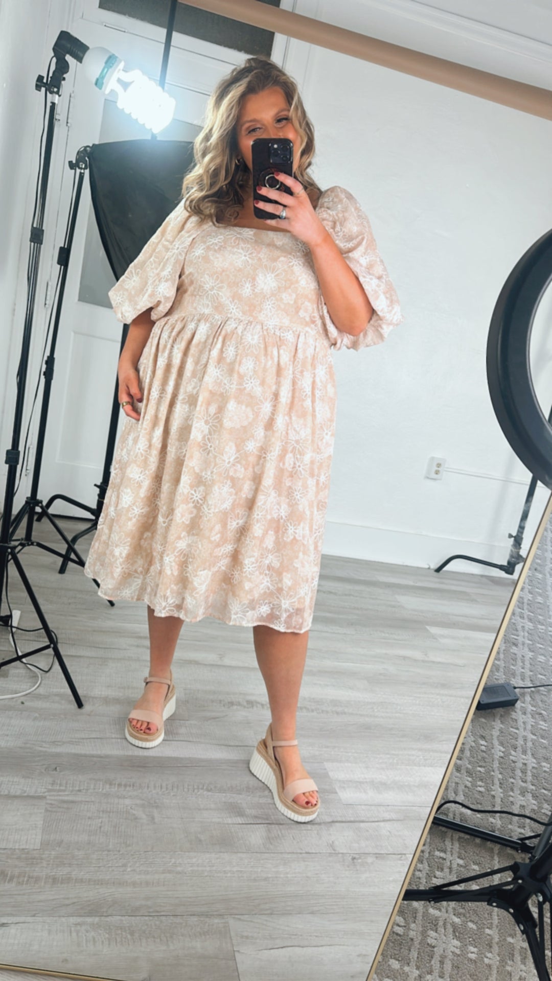 Floral Chiffon Midi Dress, Sand