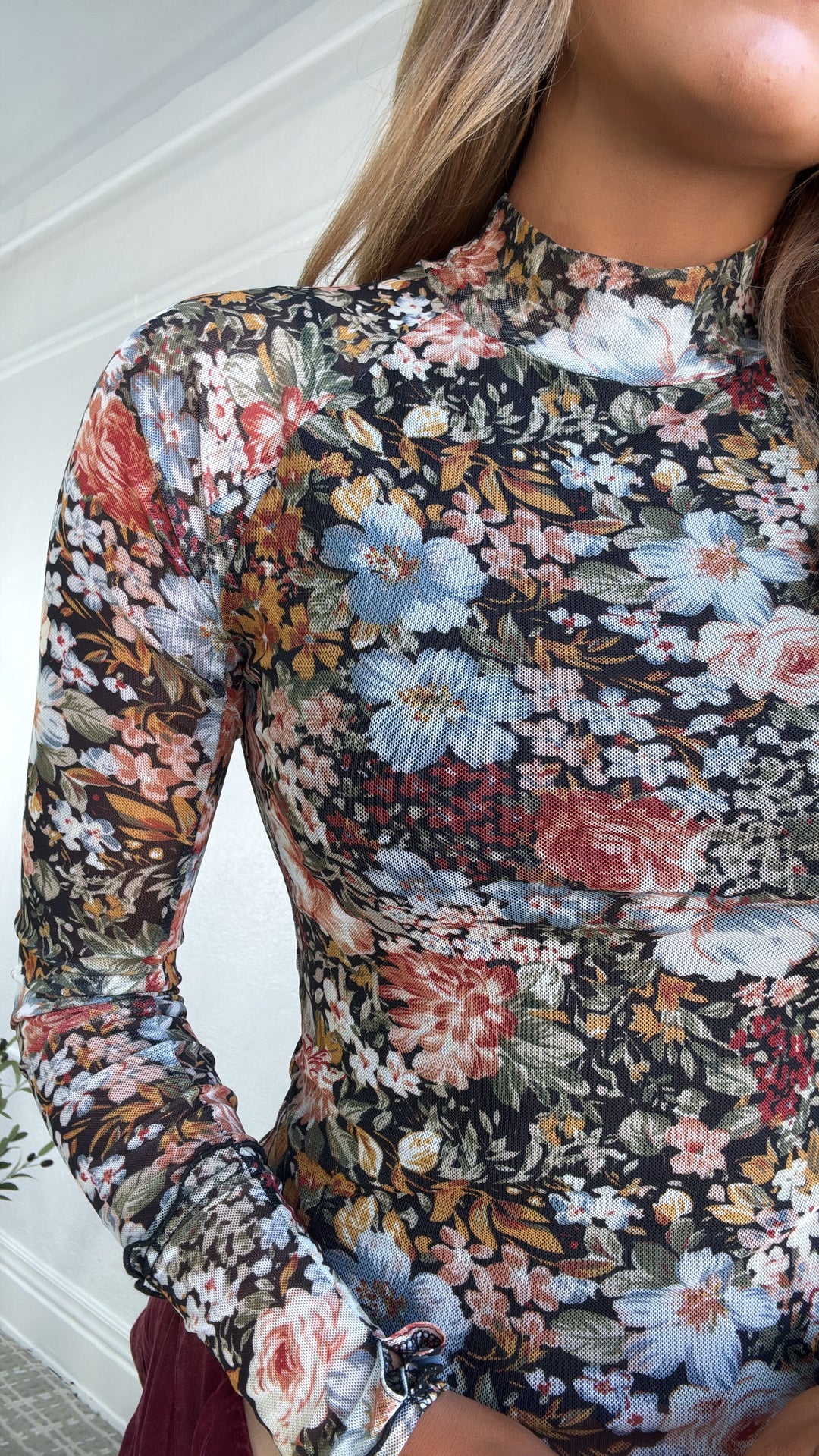 Floral Print Mesh Top, Black