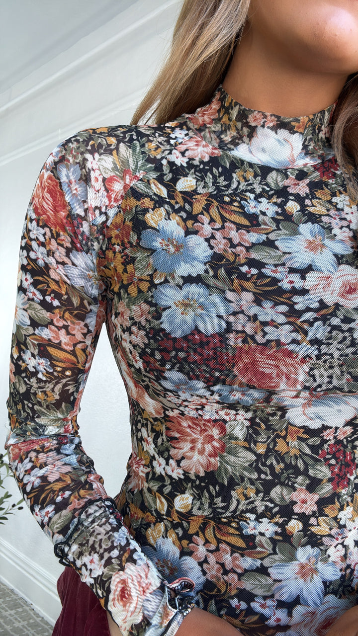 Floral Print Mesh Top, Black