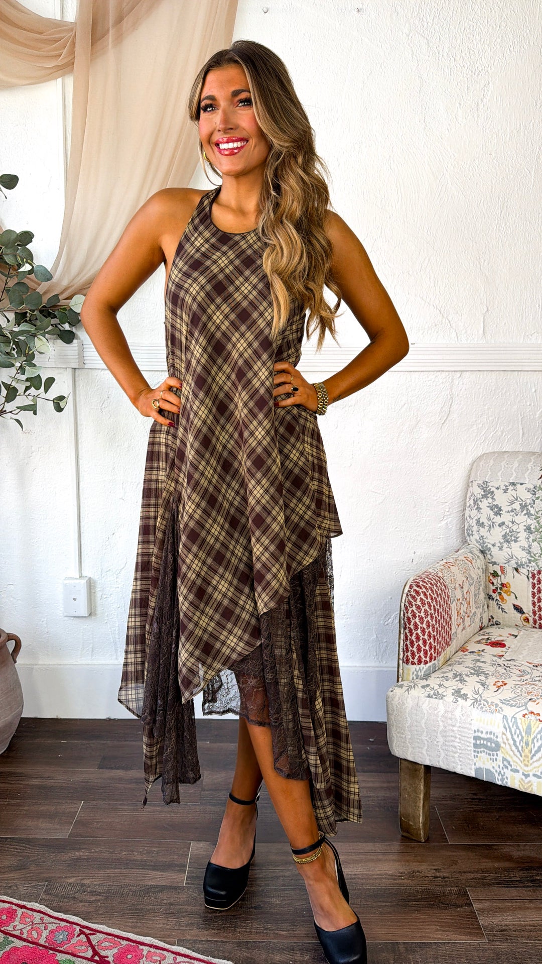 Halter Patch Midi Dress, Brown