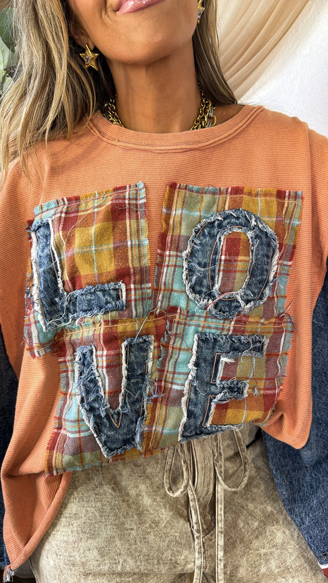 Love Patch Top, Coral/Denim