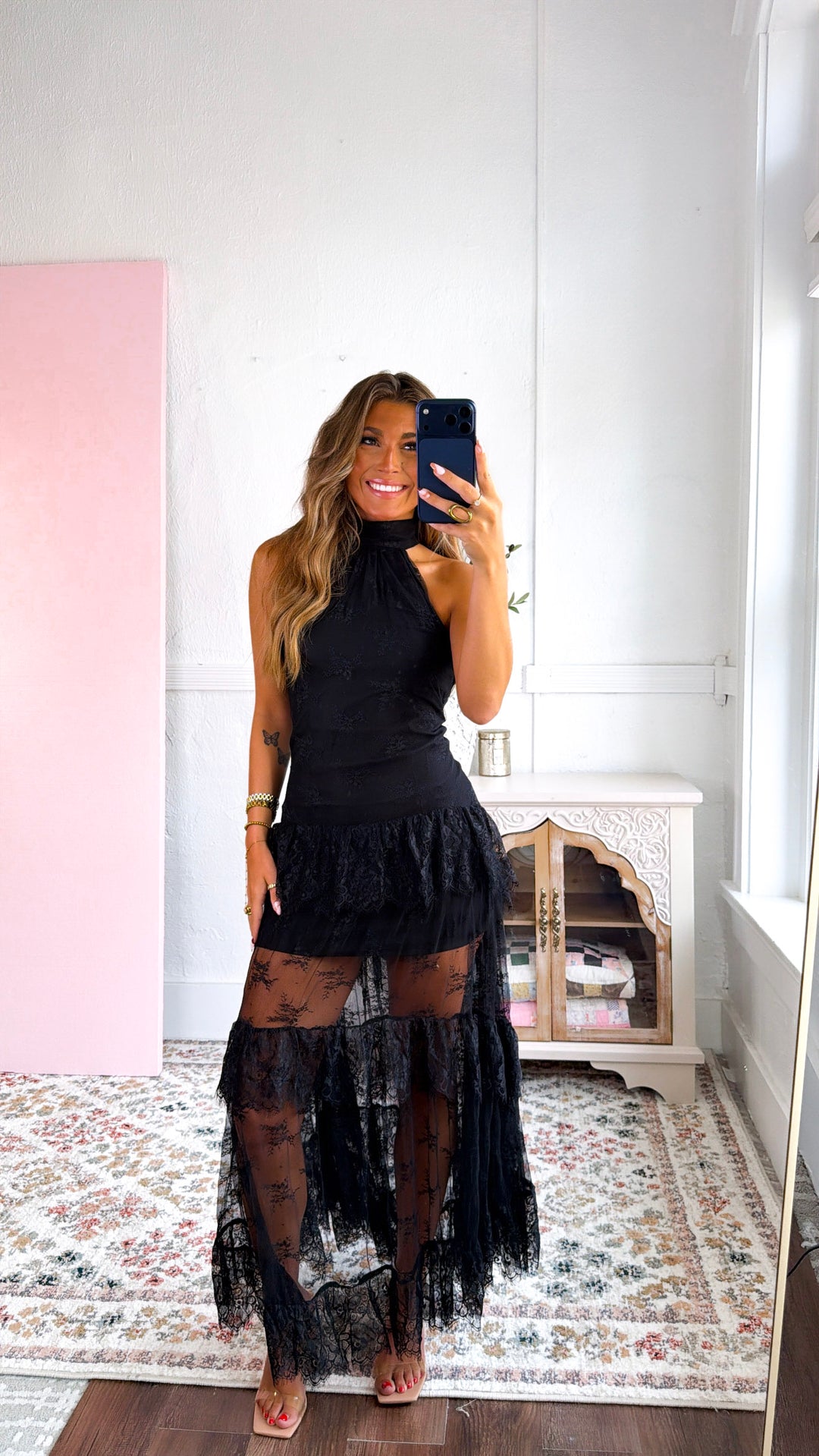 Beauty Lace Ruffled Maxi Dress, Black