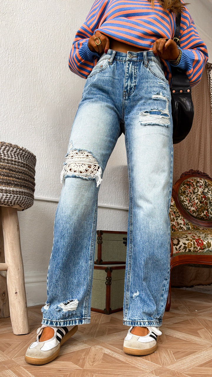 Crochet Distressed Detailed Jeans, Medium Light