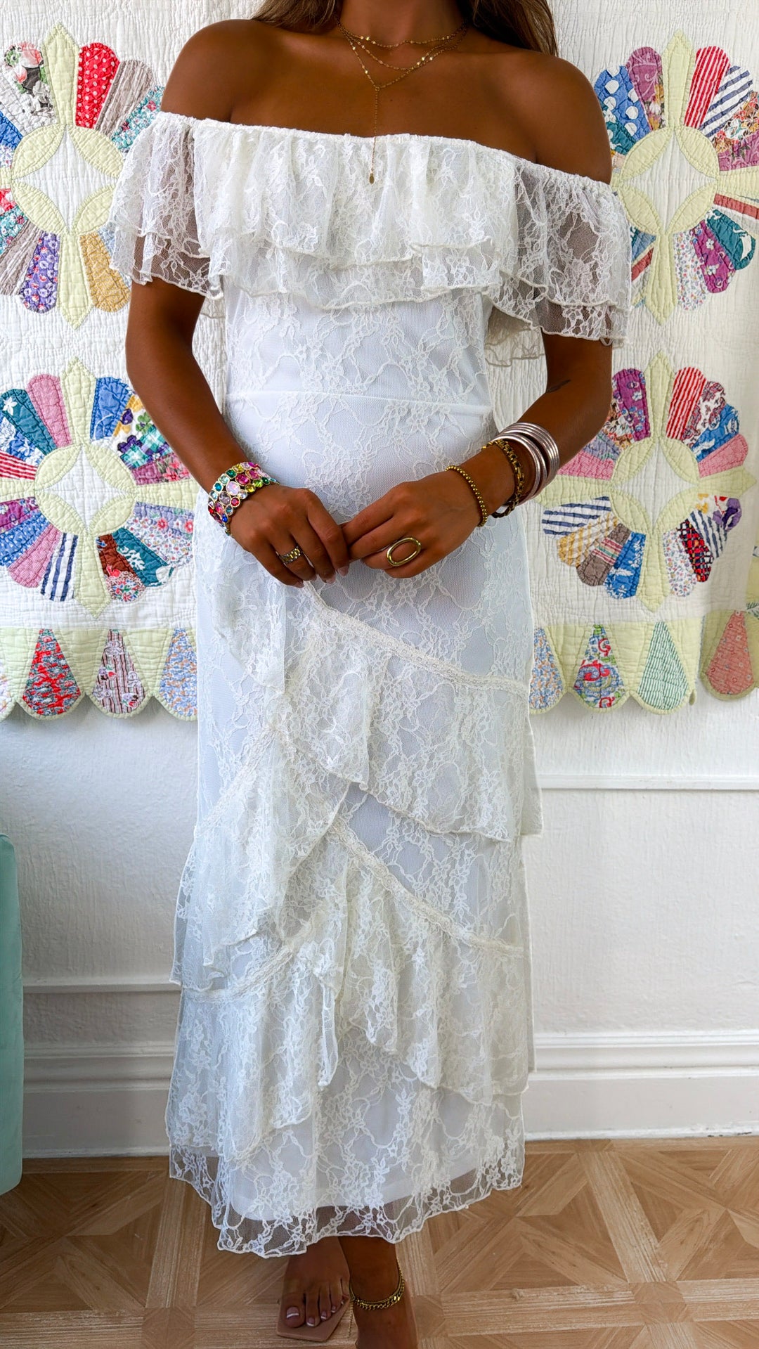 Eleanor Ruffle Lace Dress, Ivory