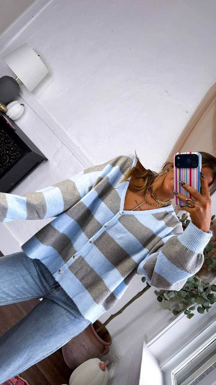 V-Neck Stripe Cardigan, Stone/Sky