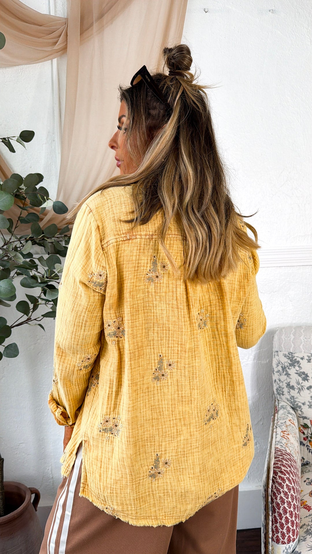Daisy Detailed Embroidered Button Up, Washed Mustard