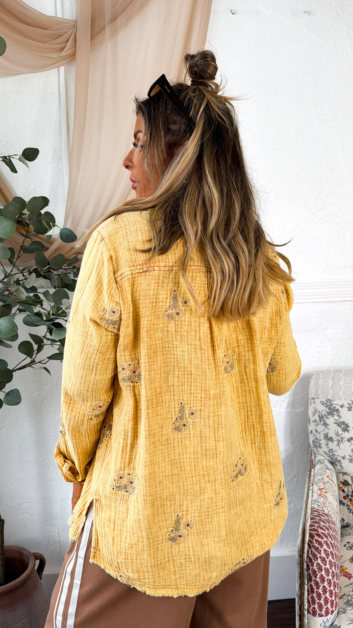 Daisy Detailed Embroidered Button Up, Washed Mustard
