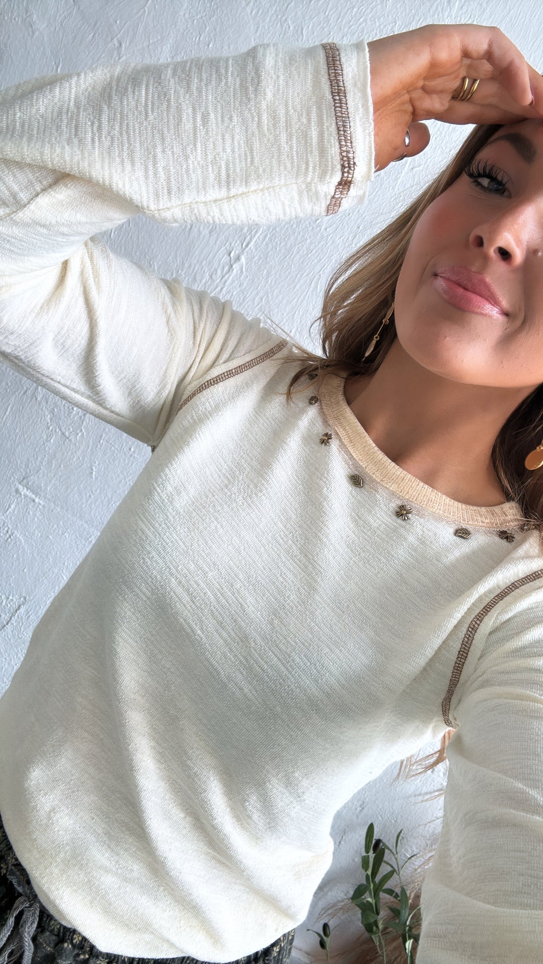 Studded Long Sleeve Basic, Cream