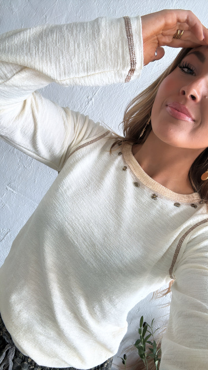 Studded Long Sleeve Basic, Cream