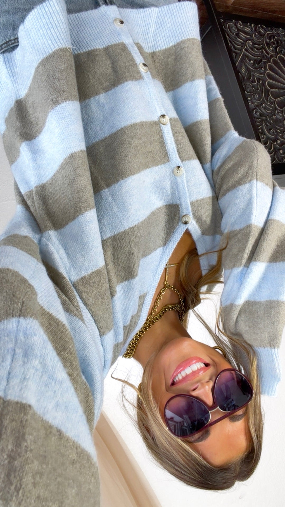 V-Neck Stripe Cardigan, Stone/Sky