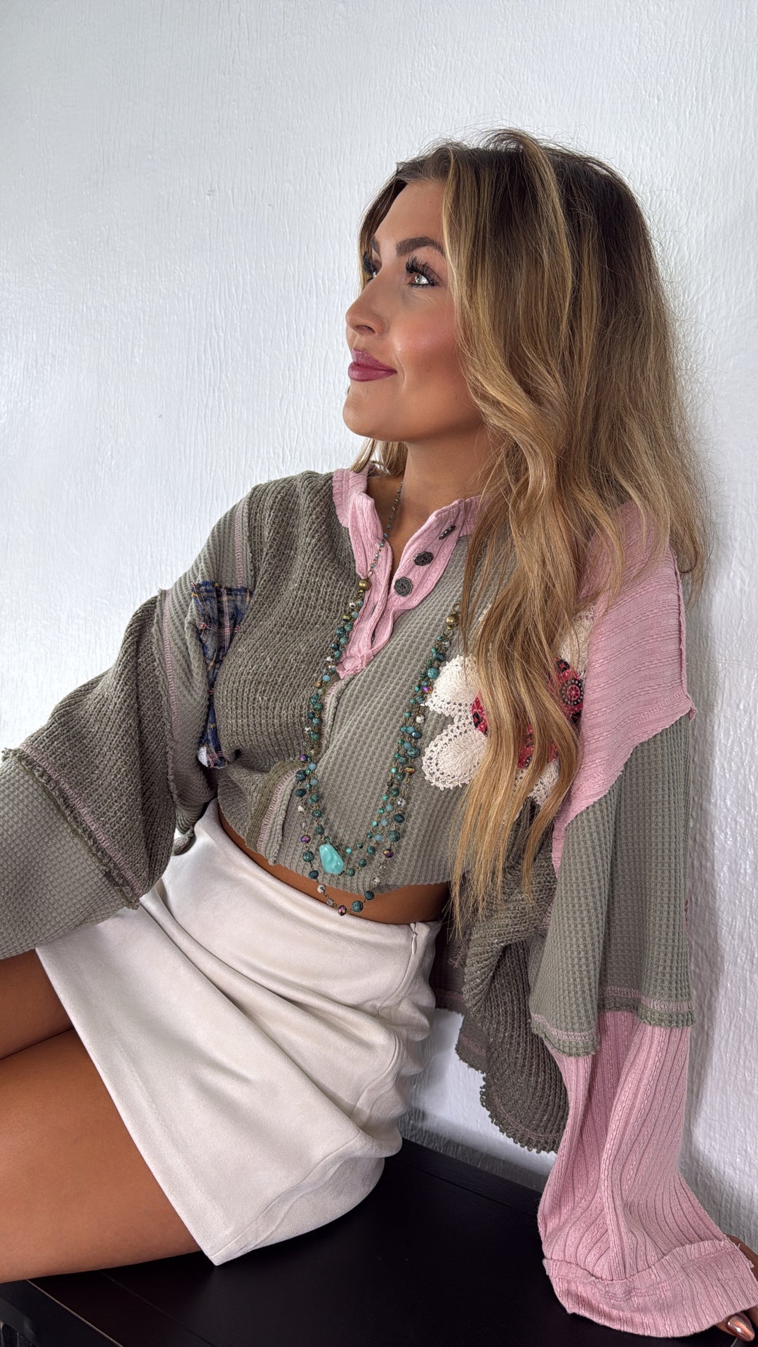 Sweet Impression Patchwork Long Sleeve Top, Olive Multi