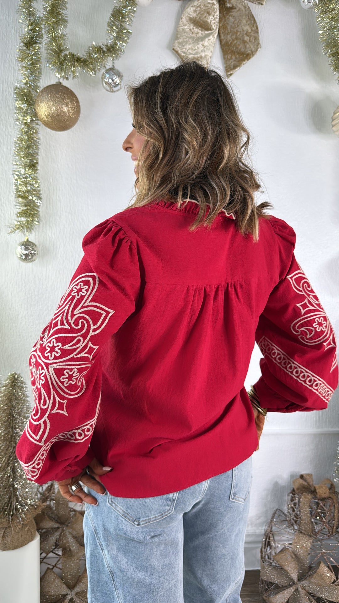 Sundance Ruffle Embroidered Button Up Top, Ruby Red