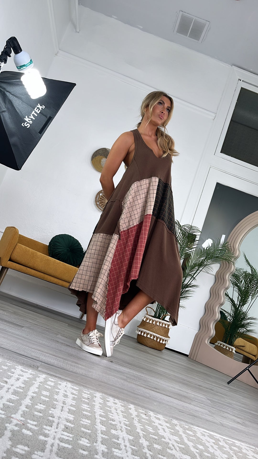 brown patchwork dress Contrast midi dress M/L / Mustard/ Brown / 100% Cotton