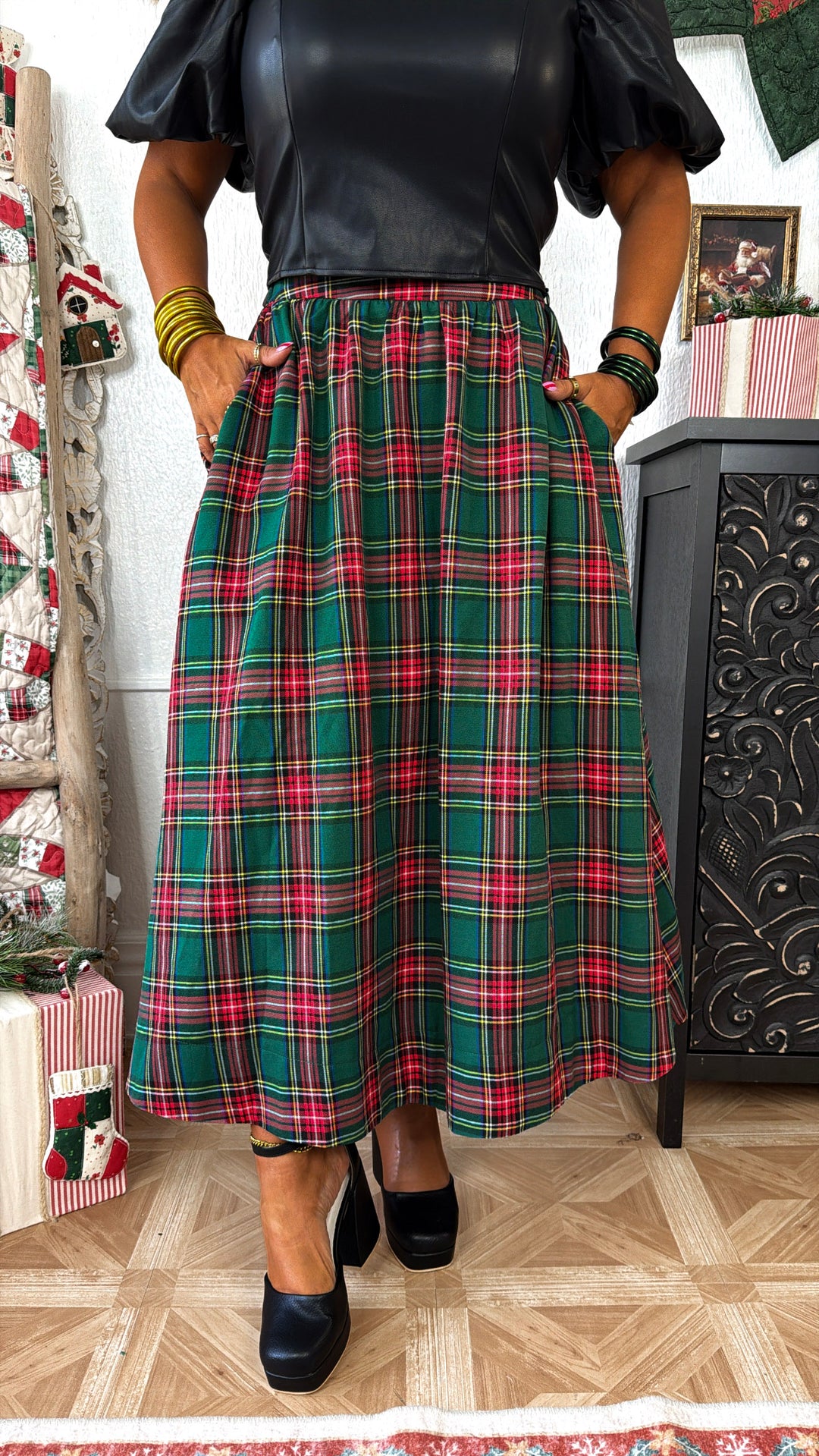 Holiday Plaid Midi Skirt, Green
