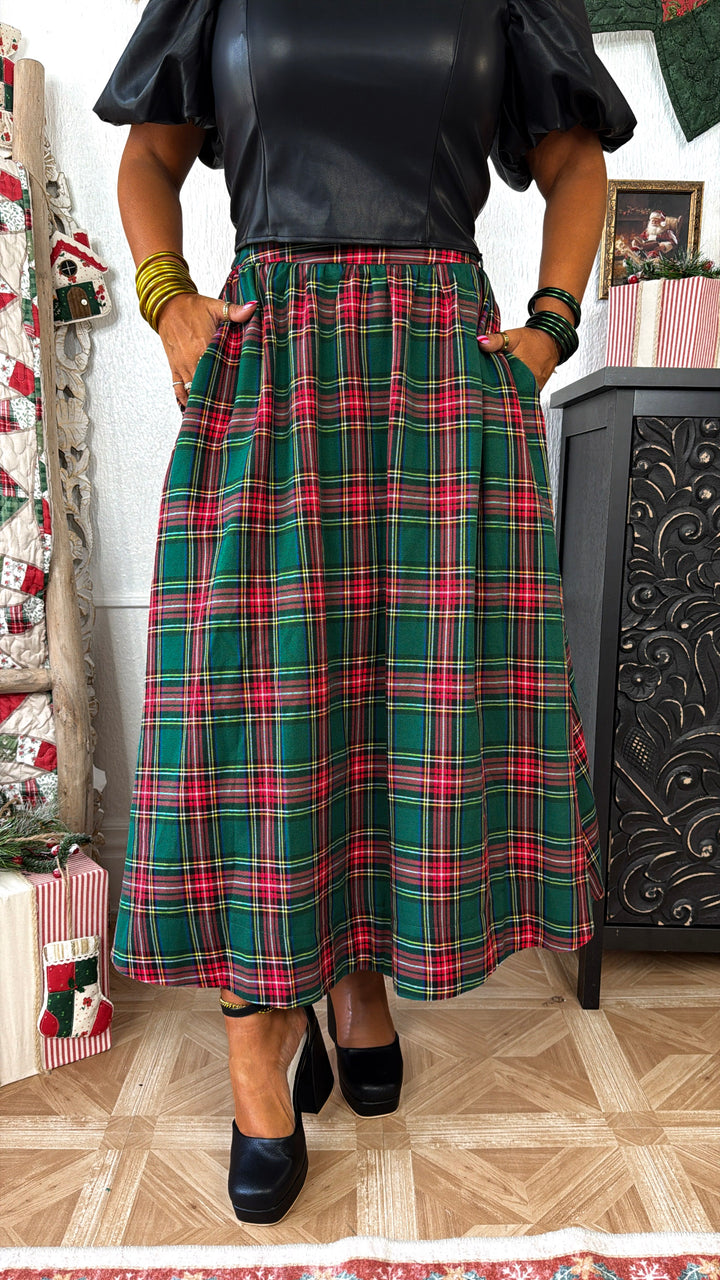 Holiday Plaid Midi Skirt, Green