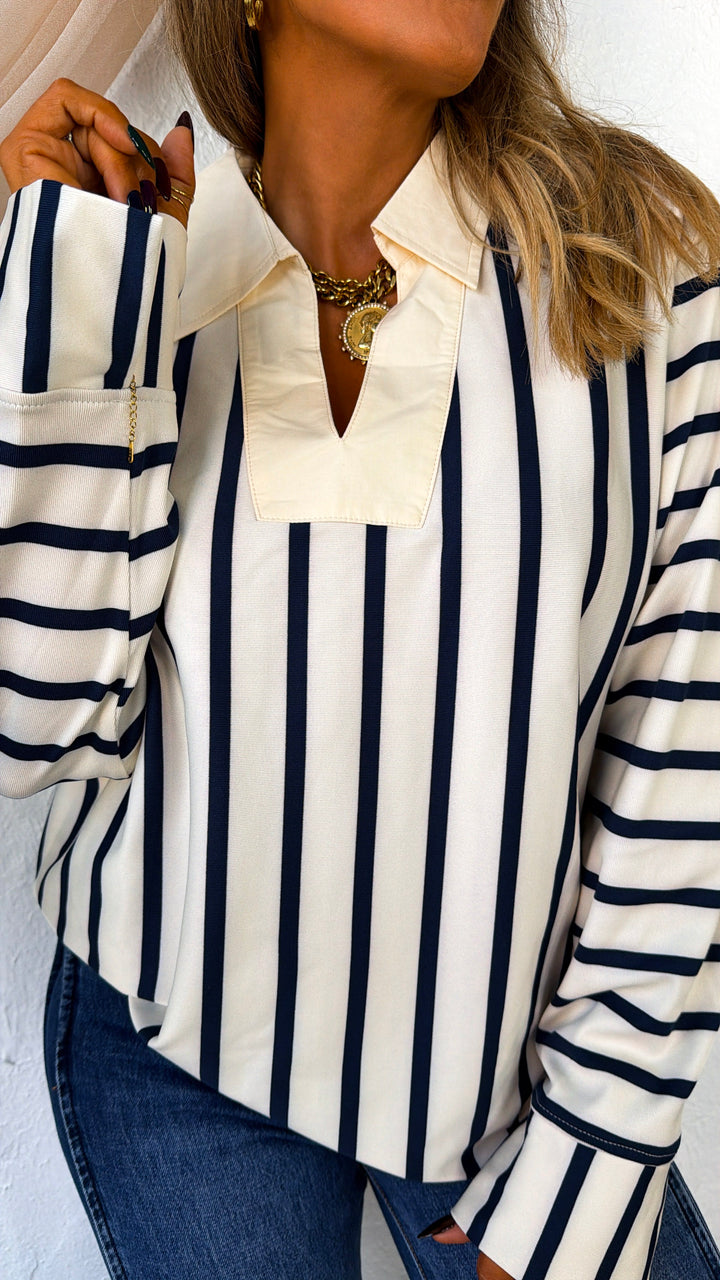 Sophisticated And Stripe Blouse, Cream/Navy