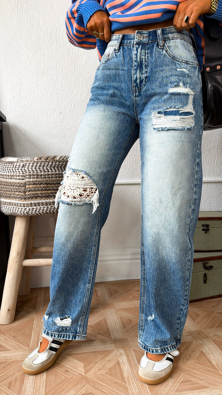 Crochet Distressed Detailed Jeans, Medium Light