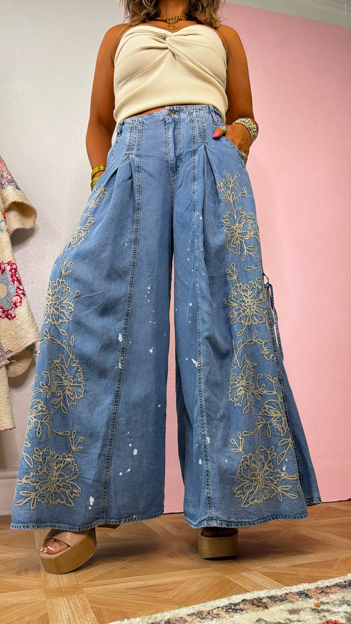 Floral Detail Wide Leg Pants, Denim