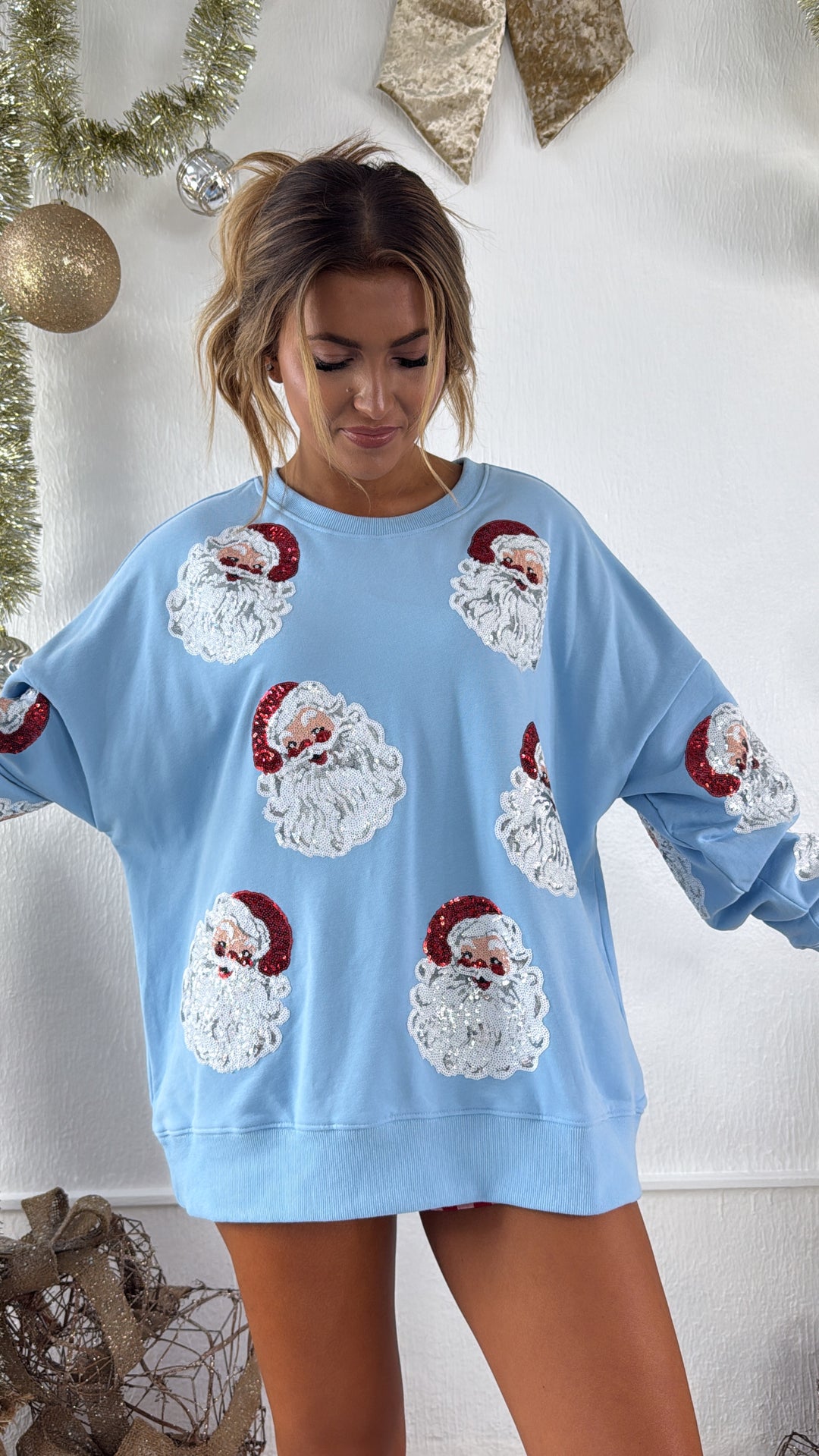 Santa Sleigh Sequin Crewneck, Lt.Blue