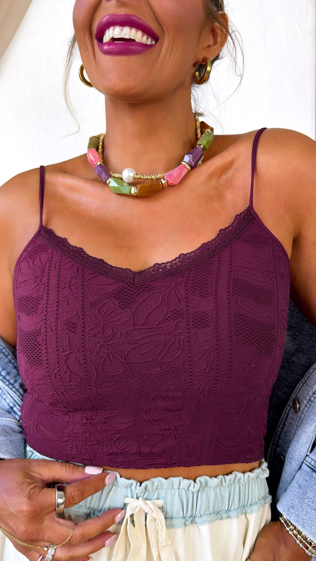 Double Layered Lace Trimmed Cami, Plum Rasin