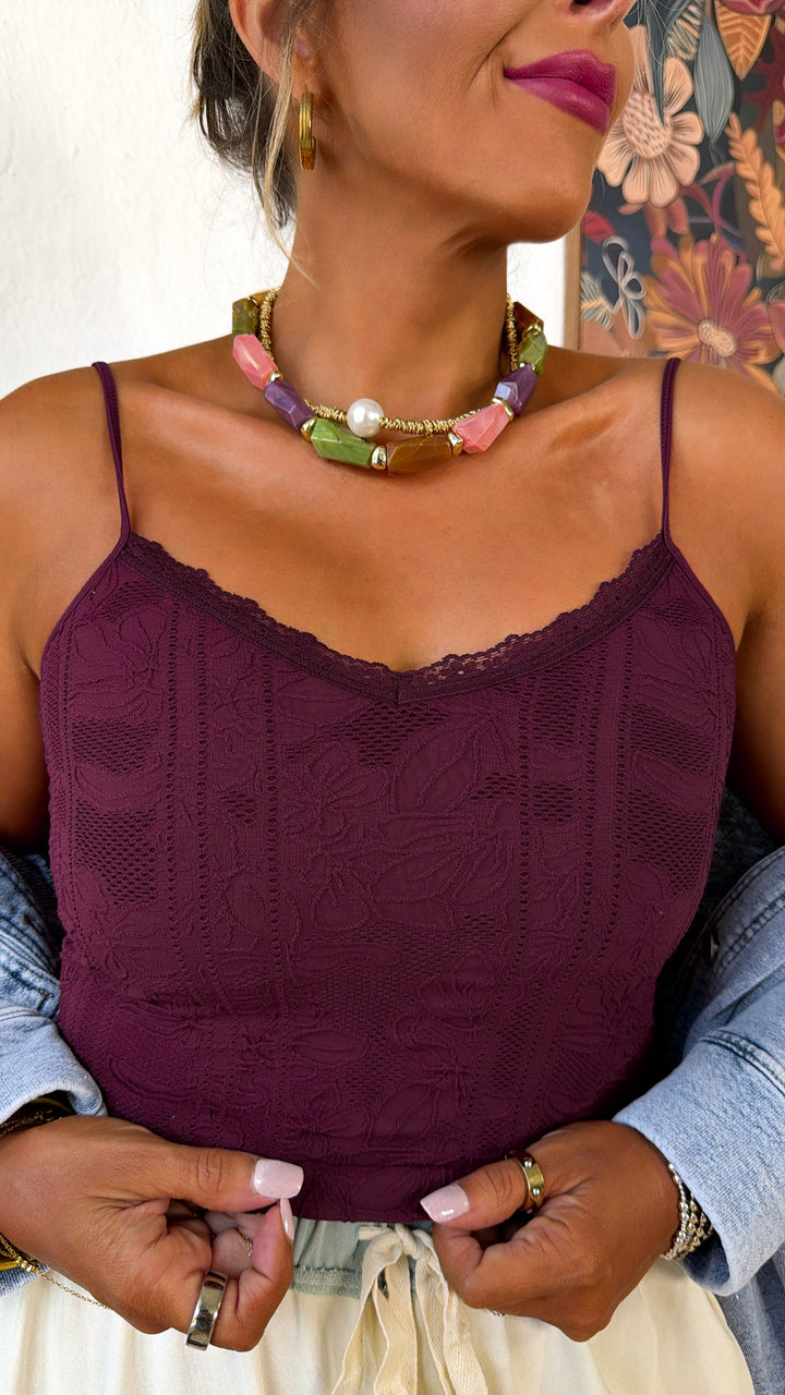 Double Layered Lace Trimmed Cami, Plum Rasin