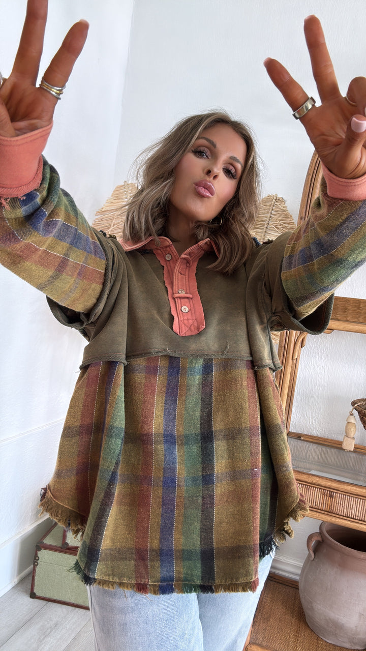 Hollow Pines Oversized Top, Olive Multi