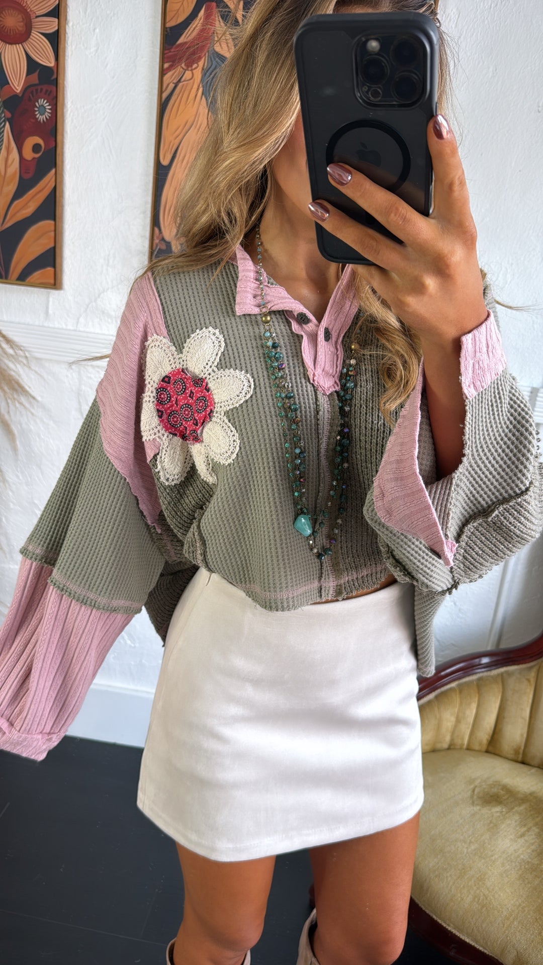 Sweet Impression Patchwork Long Sleeve Top, Olive Multi