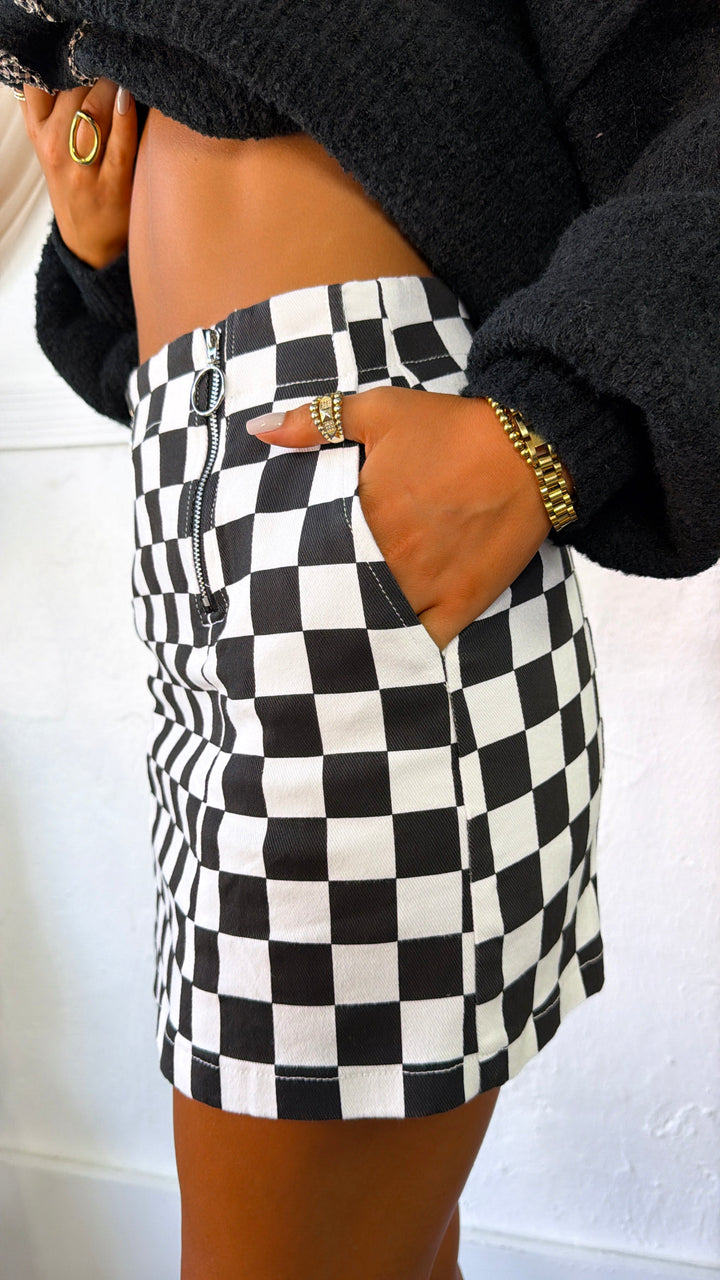 On Your Mark Checkered Skirt, Black/White